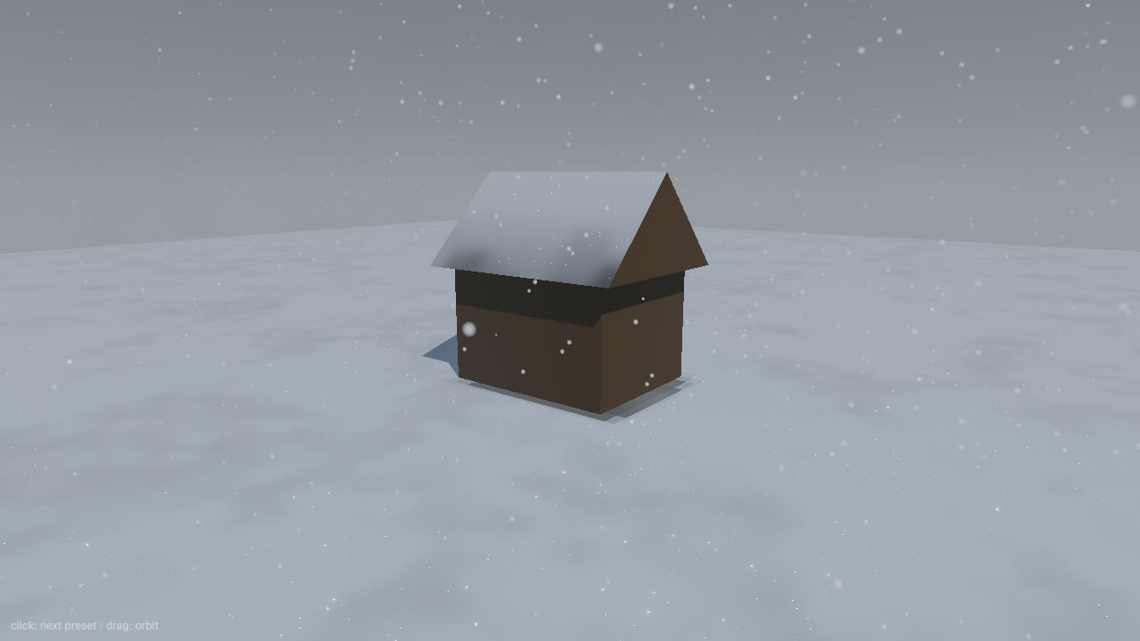 `examples/cdn/`: a patched ground and a wooden hut under the `snowfall` preset, loaded through an import map. Click to cycle presets.