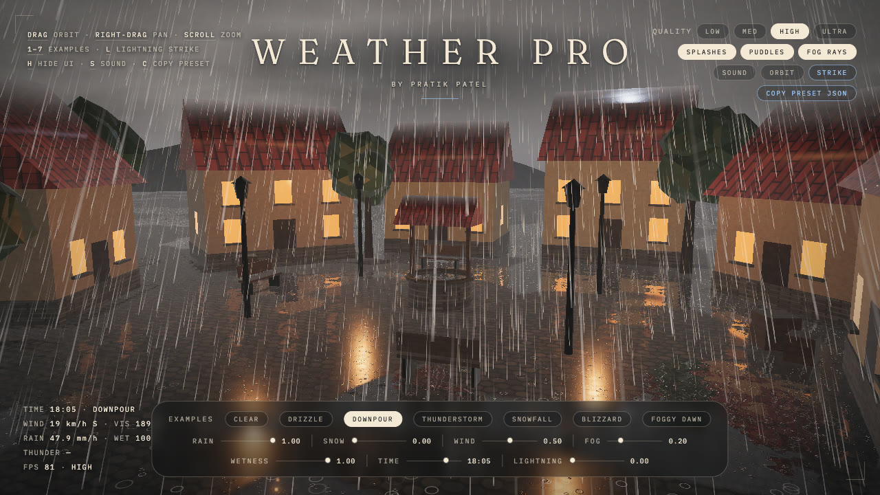 `downpour` in the demo, lamps on