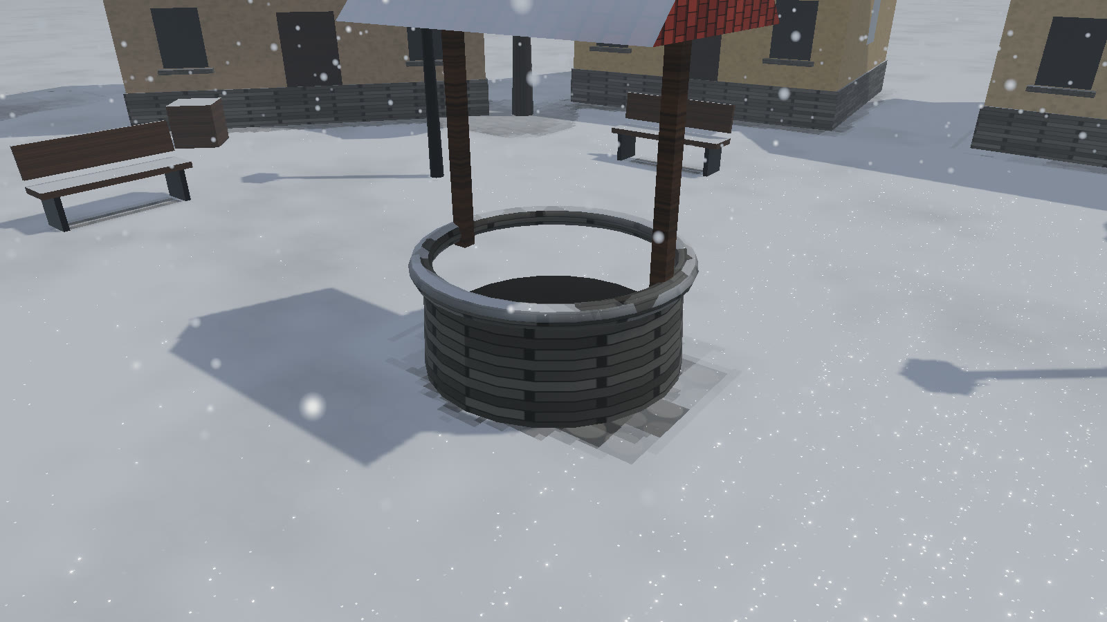 The same idea in the demo: `snowfall` around the well. The occlusion map stops the flakes at the well roof and the benches, and the cobbles under them stay clear.
