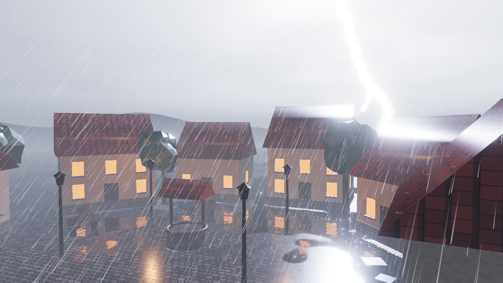 A strike 200 m out, looking past the houses. The bolt is a set of glowing ribbons built by recursive midpoint displacement, with side branches.